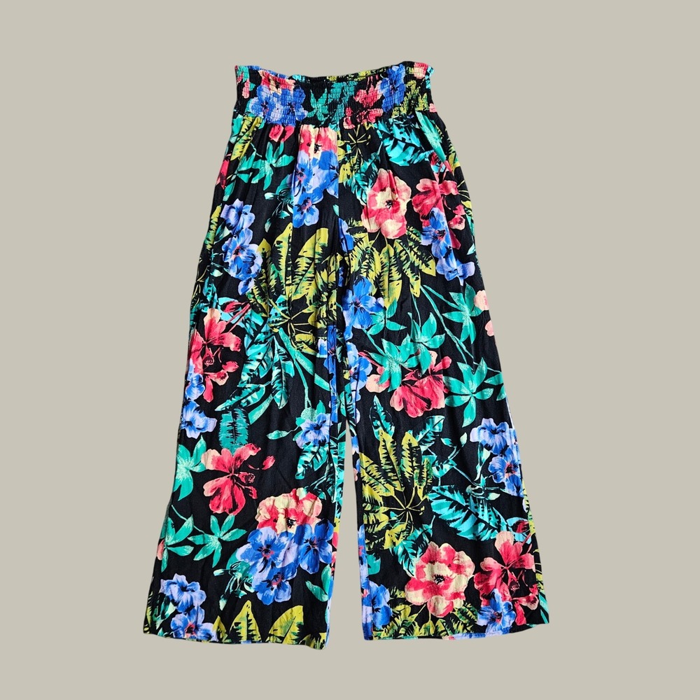 Express Tropical Floral Wide Leg Palazzo Pants Smocked Waist Black Medium